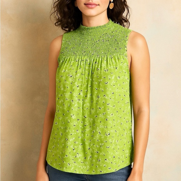 NWT RACHEL ZOE Chartreuse Floral Print Smocked Sleeveless Blouse - Picture 3 of 13